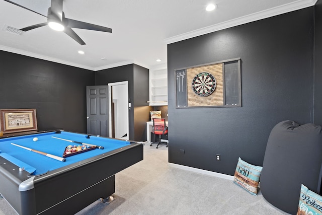 rec room with pool table, crown molding, light carpet, and ceiling fan