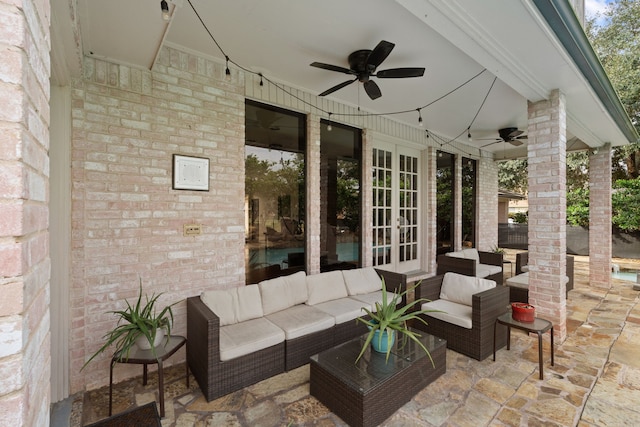 view of patio with an outdoor hangout area, ceiling fan, and french doors