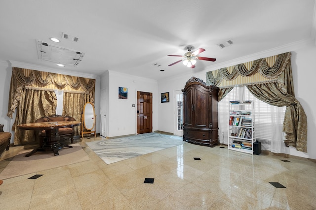 entrance foyer with crown molding and ceiling fan