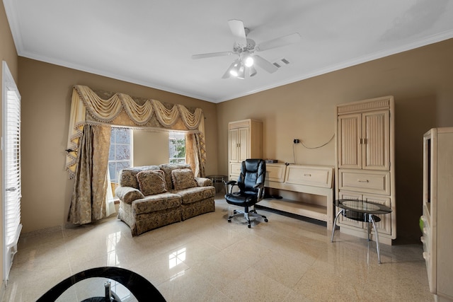 office area with ornamental molding and ceiling fan