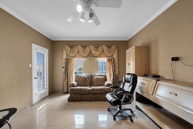 home office featuring ornamental molding and ceiling fan