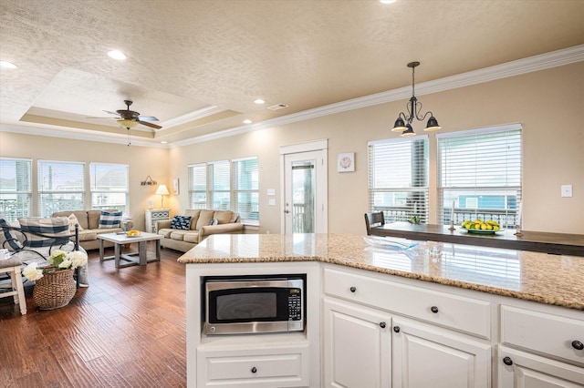 kitchen with dark wood-style floors, pendant lighting, stainless steel microwave, white cabinetry, and light stone countertops