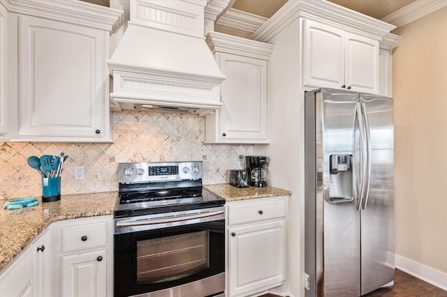 kitchen with backsplash, appliances with stainless steel finishes, custom exhaust hood, and white cabinets