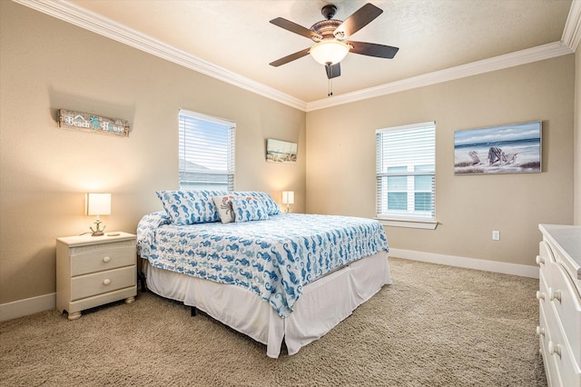 bedroom featuring multiple windows, crown molding, light carpet, and ceiling fan