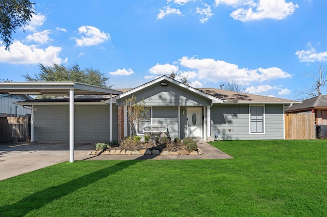 single story home featuring a front yard and a carport