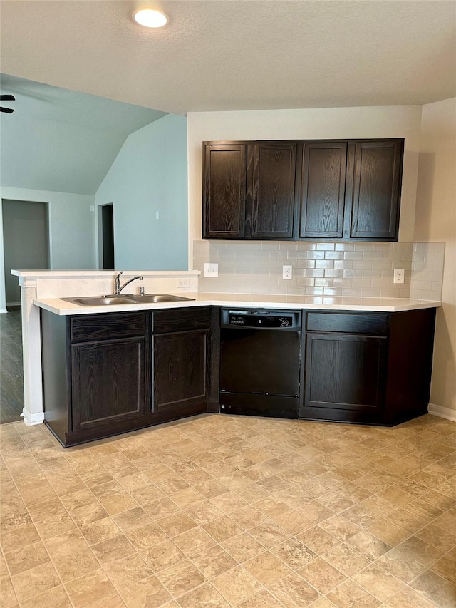 kitchen featuring tasteful backsplash, dishwasher, and dark brown cabinets