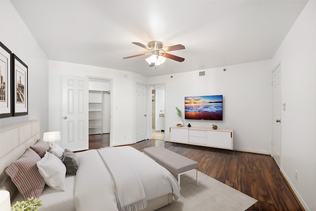 bedroom featuring a spacious closet, dark hardwood / wood-style floors, and ceiling fan