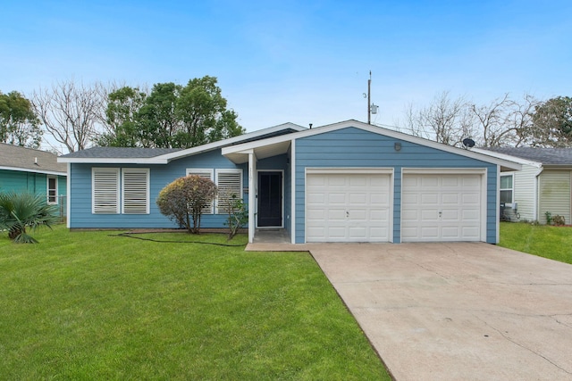 ranch-style house with a garage and a front yard