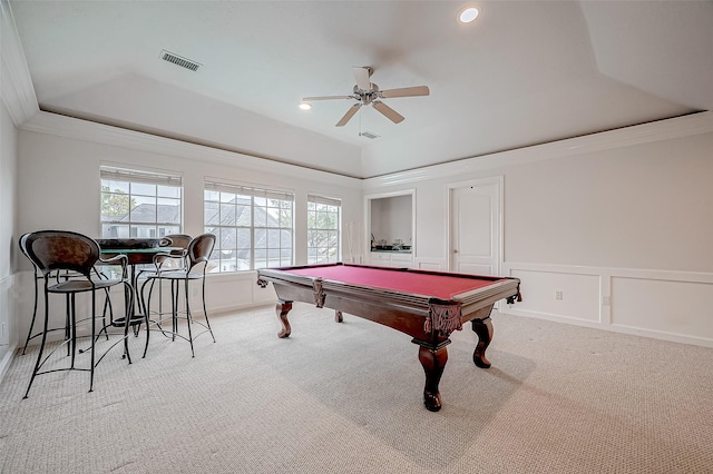 rec room featuring pool table, ornamental molding, a raised ceiling, and light carpet