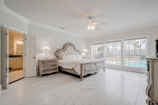 bedroom featuring crown molding and ceiling fan