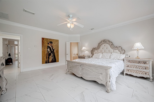 bedroom featuring crown molding, ensuite bath, and ceiling fan