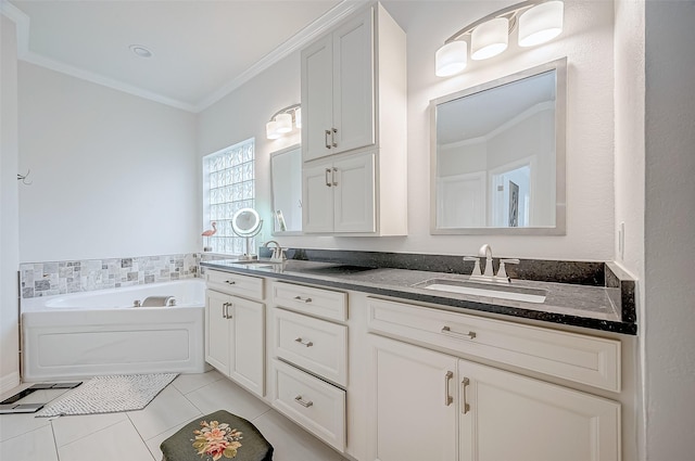 bathroom with crown molding, a bath, tile patterned floors, and vanity