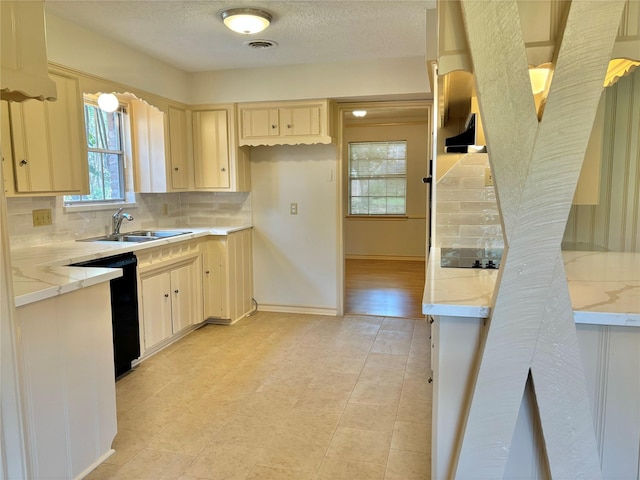 kitchen with black dishwasher, sink, decorative backsplash, light stone countertops, and a textured ceiling