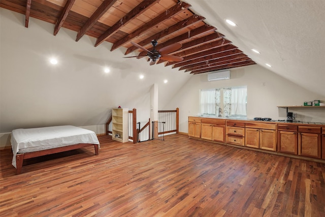 interior space featuring a wall mounted air conditioner, lofted ceiling with beams, wood-type flooring, and wooden ceiling