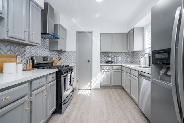 kitchen featuring stainless steel appliances, sink, gray cabinets, and wall chimney exhaust hood