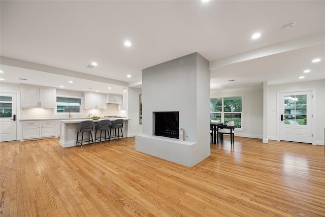 living room with a multi sided fireplace and light hardwood / wood-style floors