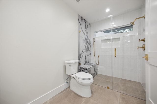 bathroom with walk in shower, tile patterned floors, and toilet