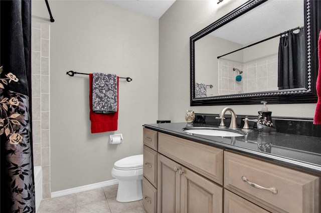 full bathroom with shower / bathtub combination with curtain, vanity, toilet, and tile patterned flooring