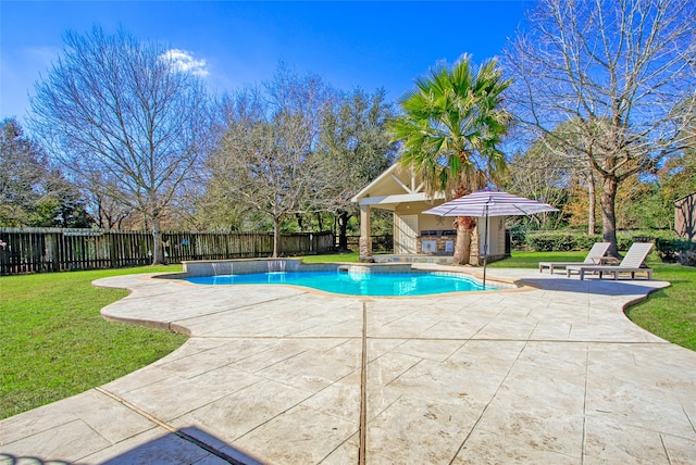 view of swimming pool featuring a lawn and a patio