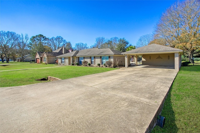 single story home with a front lawn and a carport