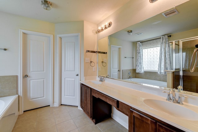 bathroom with vanity, separate shower and tub, and tile patterned flooring