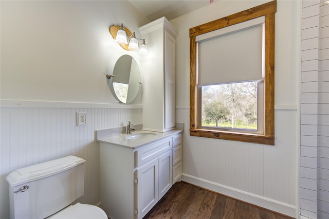 bathroom with vanity, hardwood / wood-style floors, and toilet