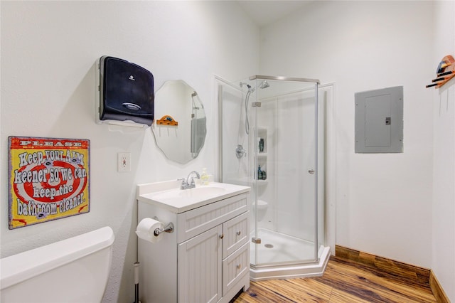 bathroom with vanity, electric panel, toilet, and walk in shower