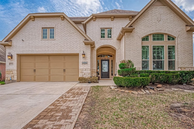 view of front of house featuring driveway, an attached garage, and brick siding