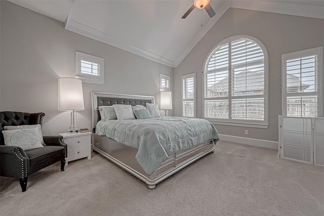 bedroom featuring light carpet, ceiling fan, vaulted ceiling, and baseboards