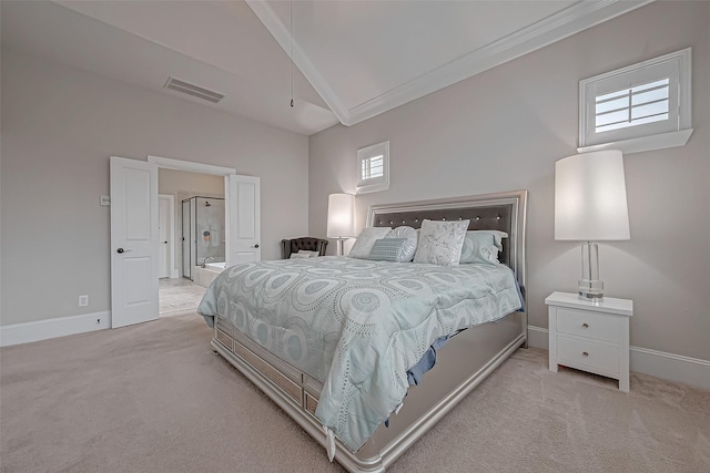 bedroom featuring light carpet, attic access, visible vents, and baseboards