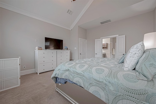 bedroom with light carpet, ornamental molding, visible vents, and baseboards