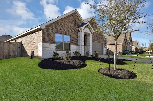 view of side of home featuring a garage and a lawn