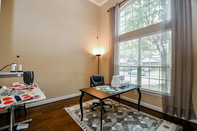 office space with baseboards, a healthy amount of sunlight, and hardwood / wood-style flooring