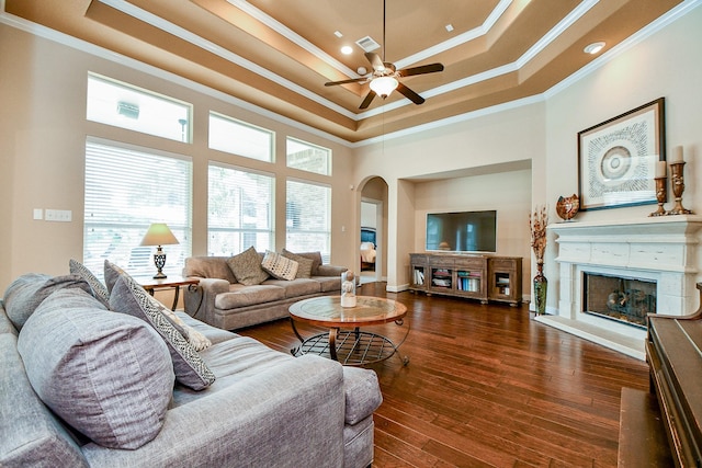 living room with dark wood finished floors, a raised ceiling, a fireplace with raised hearth, and arched walkways