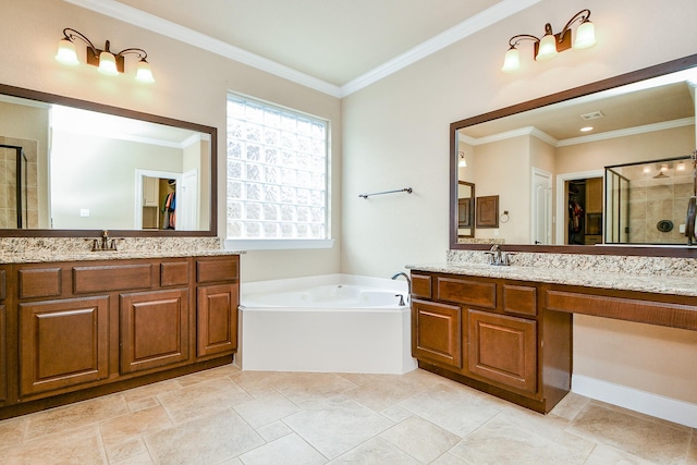 full bath with two vanities, a bath, a shower stall, and ornamental molding