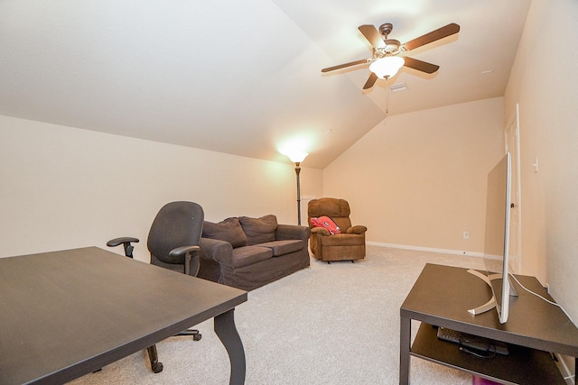 carpeted living room with lofted ceiling, a ceiling fan, baseboards, and visible vents