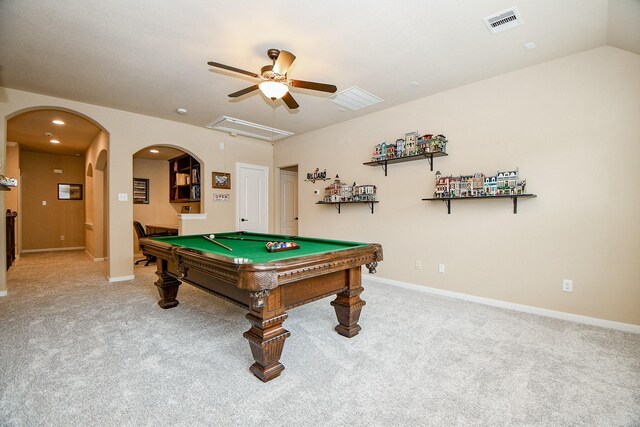 recreation room featuring vaulted ceiling, carpet flooring, ceiling fan, and billiards