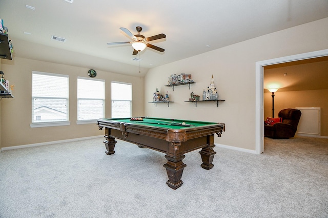 game room with visible vents, a ceiling fan, carpet floors, pool table, and baseboards