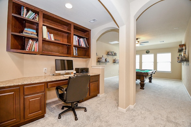 office space featuring visible vents, light carpet, built in desk, pool table, and baseboards