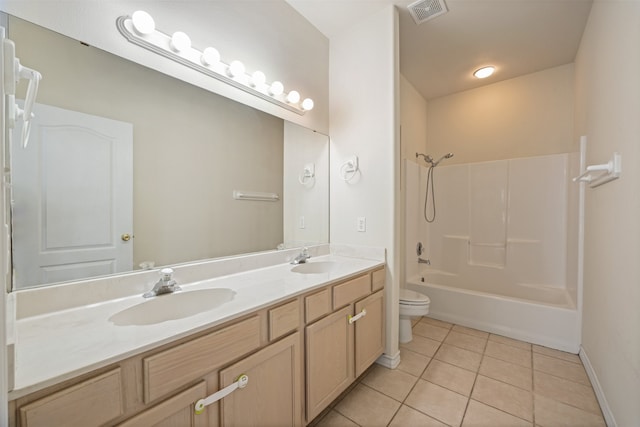 full bathroom with vanity, tile patterned floors, toilet, and shower / washtub combination