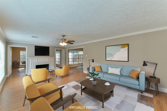 living room with crown molding, plenty of natural light, a textured ceiling, and light wood-type flooring