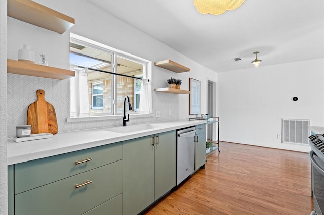 kitchen with visible vents, dishwasher, green cabinets, and open shelves