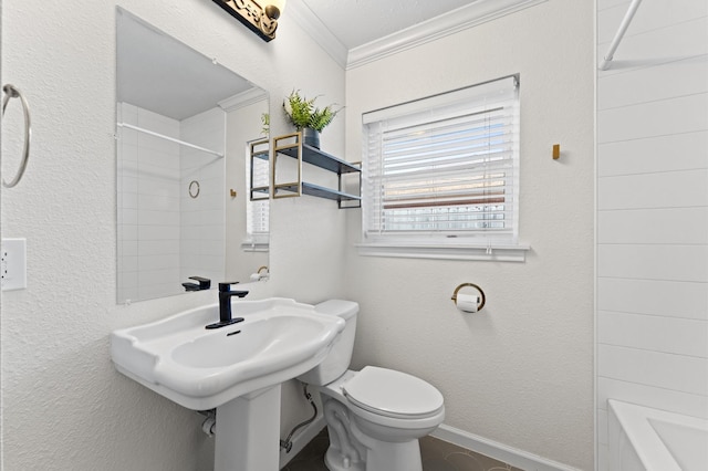 full bathroom featuring shower / bathing tub combination, toilet, a textured wall, and ornamental molding