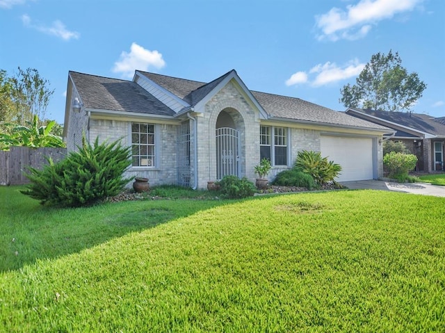 ranch-style house with a front yard, concrete driveway, brick siding, and an attached garage