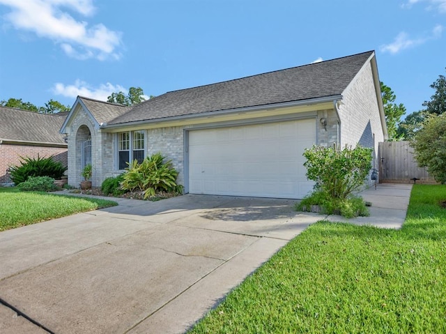 ranch-style house with brick siding, concrete driveway, an attached garage, fence, and a front lawn