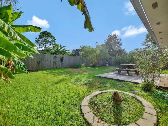 view of yard with a fenced backyard and a wooden deck