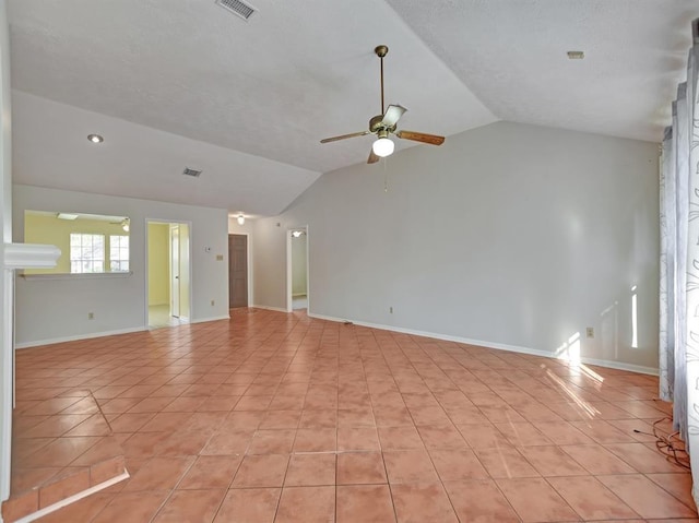 unfurnished living room with lofted ceiling, light tile patterned floors, visible vents, and a ceiling fan