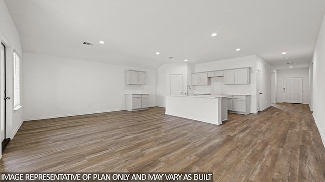 unfurnished living room with wood-type flooring and sink