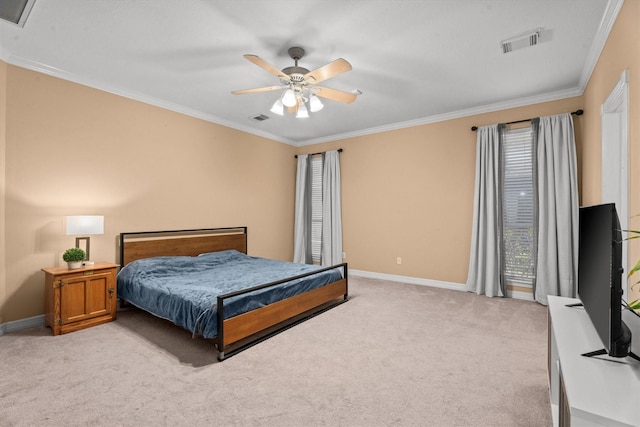 bedroom with crown molding, light colored carpet, and ceiling fan