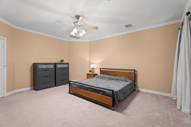 carpeted bedroom with crown molding and ceiling fan